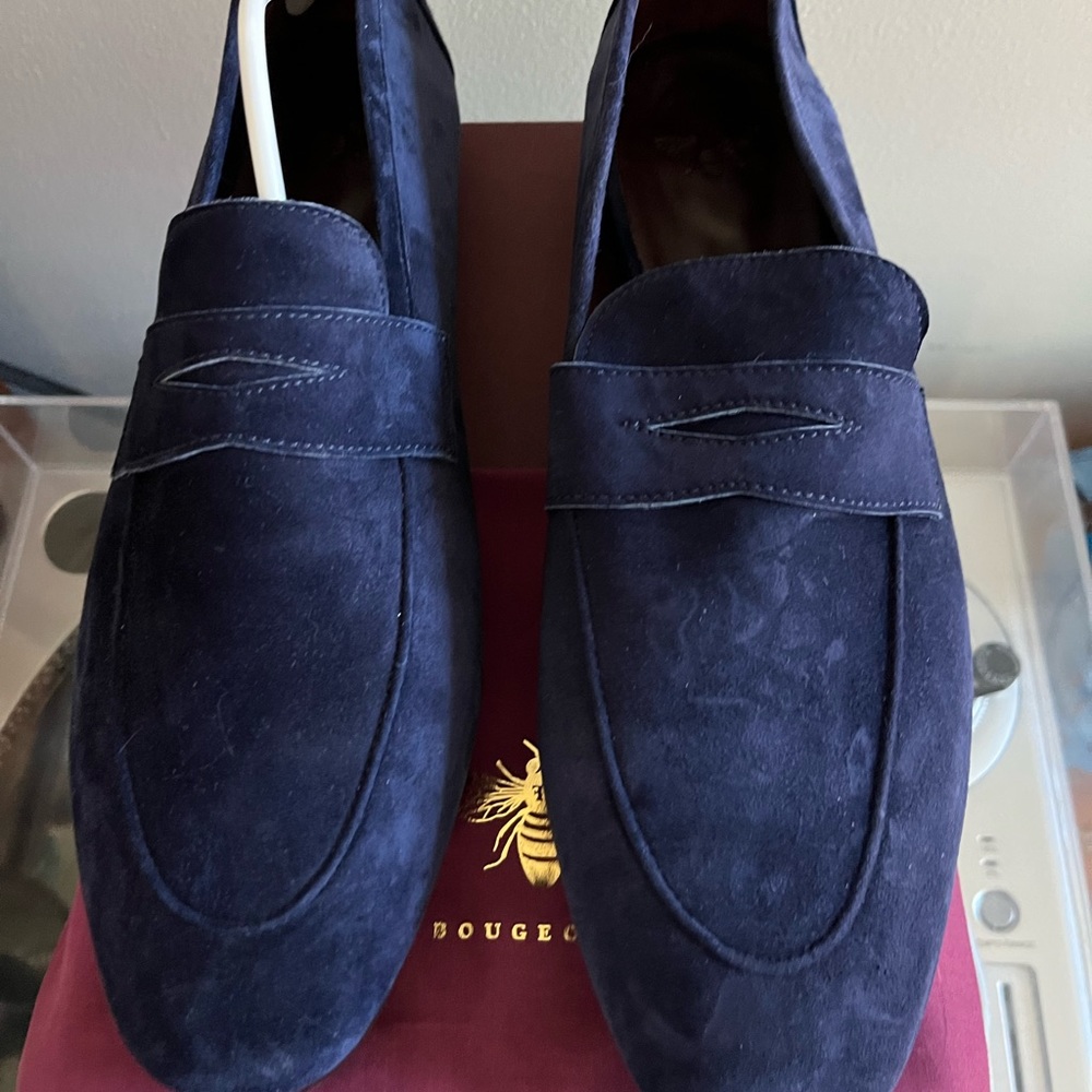 Bougeotte Blue Navy Suede Flaneur Loafer NWT with shoe bag. Original $795